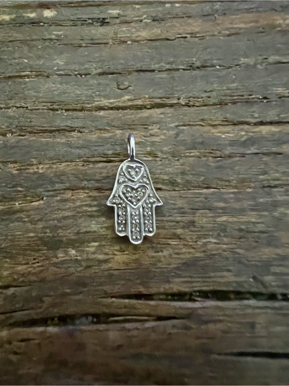 14K White Gold Hamsa Hand Pendant with tiny diamonds and heart accents